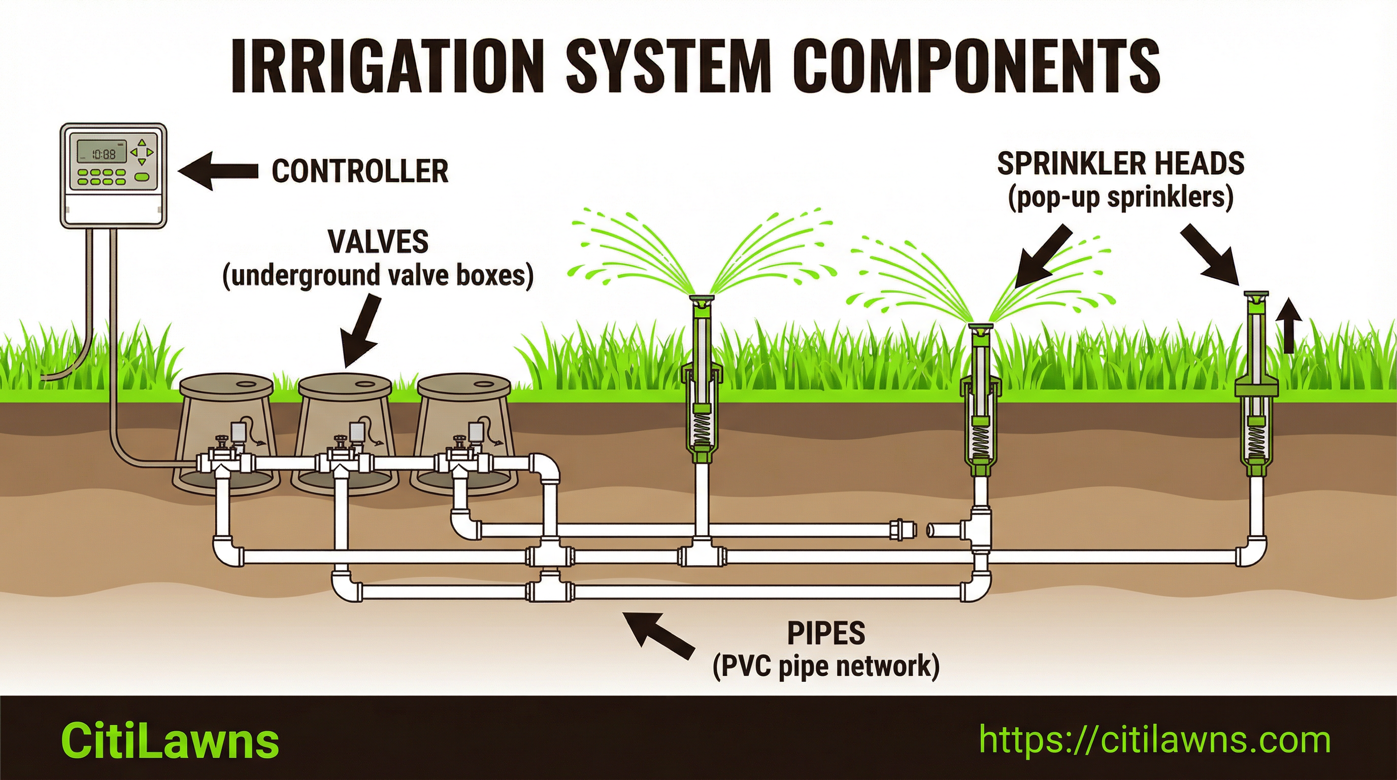 Sprinkler irrigation system components - controller, valves, pipes, and sprinkler heads